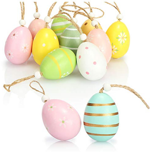 COM-FOUR® 12 uova di Pasqua da appendere - Decorazioni pasquali in legno in fantastici colori - Uova di Pasqua con bellissimi motivi