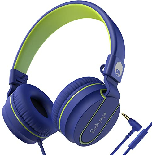 Rockpapa 952 Kids Headphones, Childrens Headset, Wired Head phones with Microphone, Foldable, Stereo Sound, 3.5mm Jack On-Ear Headphones for School/Travel/Phone/Kindle/PC/MP3 (Blue Green)