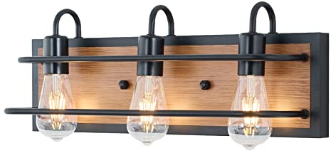 Farmhouse 3-Light Bathroom Light Fixtures, Industrial Black Vanity Lights for Mirror with Faux-Wood Color Finish, Rustic Vintage Indoor Wall Mounted Lighting for Bedroom, Kitchen, Living Room,Cabinets