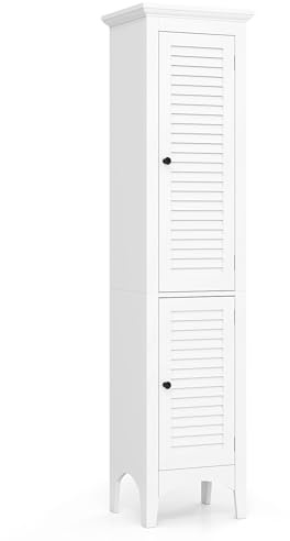 COSTWAY Bathroom Tall Cabinet, Freestanding Storage Cupboard with Double Doors and Adjustable Shelf, Wooden Slim High Floor Cabinet for Living Room Kitchen Hallway, 38x33x160cm (White)
