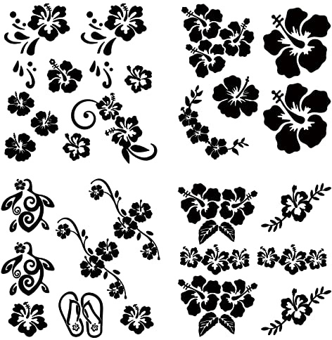 GORGECRAFT 4 Feuilles Hawaiian Hibiscus Fleur Autocollant de Voiture Noir Laser Réfléchissant Autocollant de Voiture Auto-Adhésif de Voiture Accessoires Automobile Décoration pour Suv Camion Moto