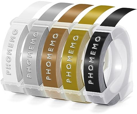 Phomemo Prägeband Kompatibel mit Dymo Omega Etikettenband Ersatz für Dymo 3D Etikettenband 9mm für Dymo Omega Junior Etikettiergerät Prägegerät(Weiß auf Schwarz|Gold|Silber|Klar|Champagnergold,5 Stück