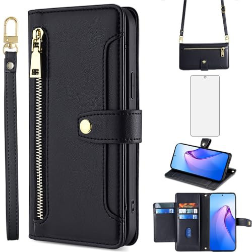Asuwish Phone Case for OPPO Reno 8 Pro 5G / 8Pro Plus Wallet Cover with Tempered Glass Screen Protector and Zipper Leather Card Holder Slot Kickstand Cell Accessories Flip Reno8 Pro+ + Women Men Black