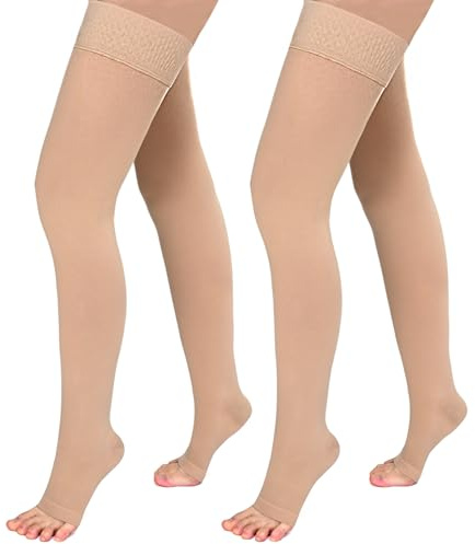 Evolyline - Calze a compressione graduata (20-30 mmHg) alte fino alla coscia con punta aperta, per uomini e donne, con fascia in silicone, supporto rigido, per vene varicose, edema, volo, M