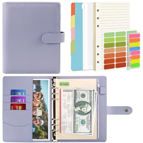 Mlife A5 Notebook Binder Set - 6 Ring PU Leather Planner,5 PCS File Divider,45 Sheets A5 Loose Leaf Paper,Label Stickers,Index Tabs and Clear Cash Envelopes,Personal Organizer Binder(Purple)