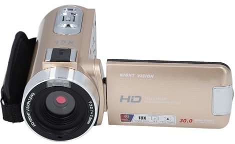 Asixxsix Videokamera-Camcorder, 3,0-Zoll-IPS-LCD-Digitalkamera-Recorder, Full HD 1080P 30 MP, 270° Drehung, Anti-Shake, 18-facher Digitalzoom-Camcorder, Infrarot-Nachtsicht (Gold)