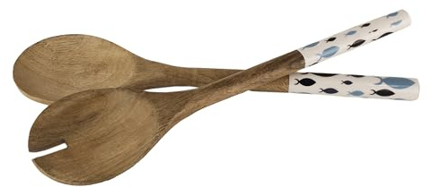 Sea4You Cubiertos para servir ensalada, cuchara para servir – Molino de pescado esmaltado de madera de mango