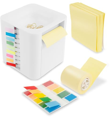 Note Dispenser with Pop-up Notes, Sticky Note Dispenser with Index Stickers and 1 Roll Sticky Notes, White Sticky Note Holder Office Supplies for Office Home Classroom Desk