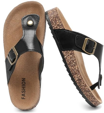 Pelbiuqik Zehentrenner Damen Herren, Pantoletten Hausschuhe mit Kork-Fußbett Schlappen mit Verstellbarer Rieme Sandalen für den Sommer