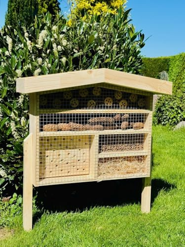 DARLUX Casetta per insetti in legno XL per api selvatiche, con fioriera in legno e supporto, 76 x 56 x 18 cm (altezza x larghezza x profondità), resistente alle intemperie, prodotto nell'Unione