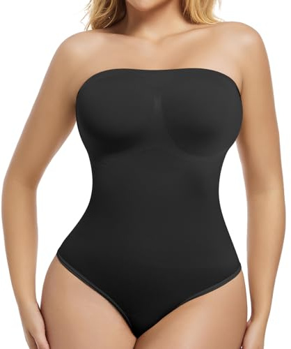 ONEW Dam axelbandslös bandeau formkläder body camisole bodysuit topp med avtagbara spagettiremmar magkontroll stringbody midjetränare tanga body shaper, #4 svart/stringbody, XXL