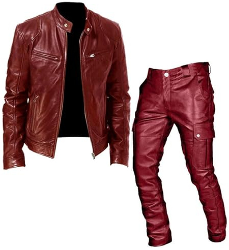 Traje de motocicleta de piel sintética para hombre, chaqueta de motocicleta con cremallera completa con múltiples bolsillos y pantalones cargo de poliuretano, chaqueta y pantalones impermeables, Vino