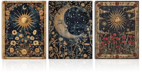 Dazzlewall Set de 3 Piezas Arte de Pared Boho Gótico Vintage, Lienzo de Tarjetas Tarot de Sol y Luna Floral Occultismo para Dormitorio 30×40 cm Sin Marco