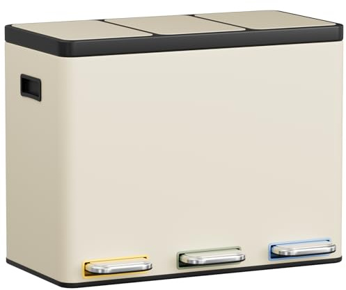 Clevich Mülltrennsystem 3×15L aus Stahl, Mülleimer 3 Fächer mit farbcodierten Pedalen, Abfalleimer mit Soft-Close-Deckeln und Inneneimern, Beige
