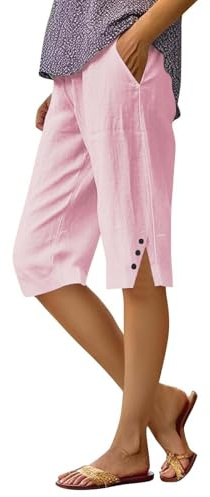 HOOUDO Cotton Linen Shorts for Women UK Summer Knee Length Beach Ladies Loose Casual Drawstring Hot Pants Ladies Running Shorts Trousers with Pockets