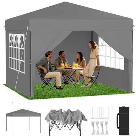 LZQ Premium pop-up-paviljong 3 x 3 m med en knapptryckning, hopfällbar paviljong trädgårdspaviljong, festtält, vikbart med 3-vägs höjdjustering 240–260 cm, fälltält med sidoväggar och bärväska