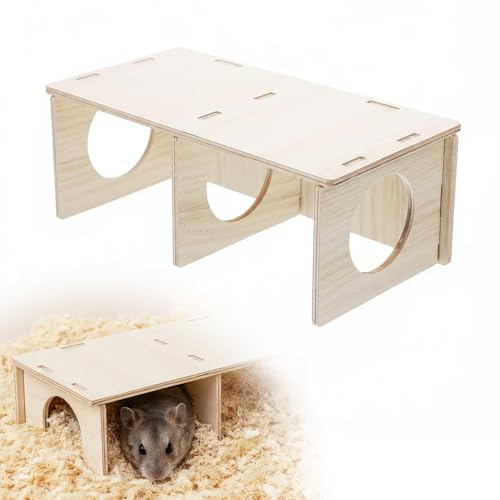 Multi-Chamber Hamster House Wooden Hideout, Small Animal Burrow Tunnel with Roof Platform, Natural Plywood Habitat Enrichment for Hamsters & Small Rodents