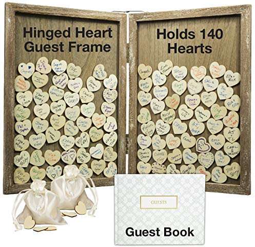 Excello Global Products Wedding Guest Drop Top Frame Wedding Guest Book Alternative with 140 Blank Wooden Hearts, a Traditional Guest Book, Picture Frame. Hinged for easy tabletop display (Rustic Brown Wood)