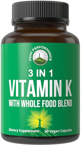 Vitamin K with Whole Food Blend of 25+ Vegetables and Fruits for Max Absorption. Vegan Capsules Supplement. Vitamins K1, K-2 MK4 + K2 Natto MK7. Alternative to Drops, Gummies. VIT K with K 2 and MK-7