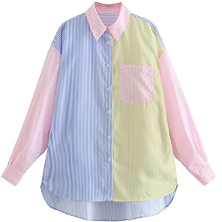 Onsoyours Moda Donna Contrasto Colore Stampa a Righe Camicetta Camicetta Ufficio Donna Petto Camicie Casual Chic Blusas Top B Blu Giallo L