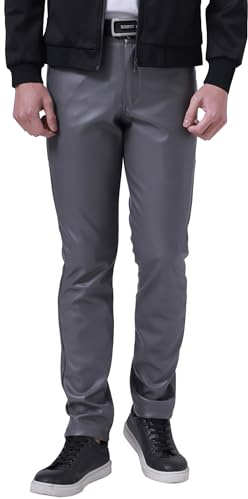 Mens PU Faux Leather Trousers Slim Fit Fake Leather Wet Look Pants Grey 33