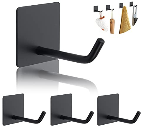 LIUCONGBD 4 Pièces Crochet Adhesif Mural, Prolongé Crochets Adhesifs Muraux Salle de Bains pour Cuisine, Perçage Porte Serviette Mural en Acier Inoxydable de Maison, Manteau, Cléf, Peignoir (Noir)