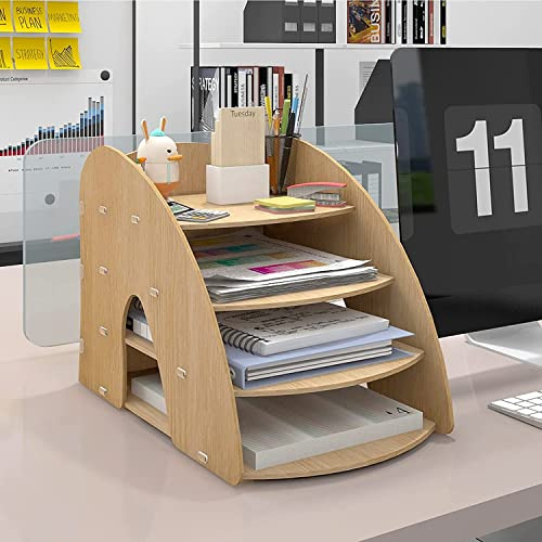 PUNCIA Organisateur de Dossiers à 4 Niveaux Organiseur de Bureau en Bois | Étagère de Stocakge d’Accessoires Documents Compartiment de Rangement Bac à Courrier pour Bureau Maison et École(Type C)