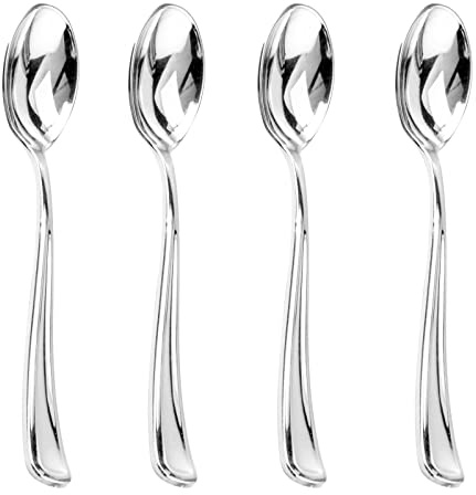 Liacere 200PCS Silver Plastic Spoons - Heavy Duty Disposable Spoons - dessert Spoons for Wedding & Party & New Year & Valentine's Day& Christmas