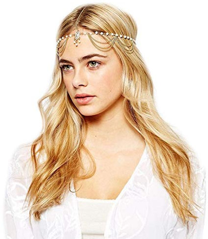 BSLVWG Boho Quaste Kristall Kopf Kette Braut Kopfschmuck Gold Perle Anhänger Kopfschmuck Kopfschmuck Kopfschmuck Dangle Perlen Kopfschmuck Festival Haar Stirnband Haarzubehör für Frauen und Mädchen