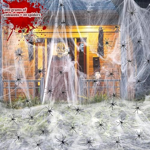 Halloween spindelnät dekoration, 200 g stretchigt spindelnät och 30 konstgjorda spindlar, halloweendekoration utomhus spindelnät, stretchig spindelväv för halloweenfest, spökhus, trädgård, gård,