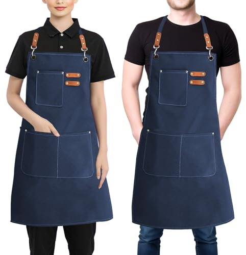 BOCHION Cotton Canvas Apron, Work Aprons for Men Women, Chef Aprons with 3 Large Pockets and Adjustable Adjustable Cross Back Straps, for Kitchen Cooking Baking Gardening BBQ Artist Painting, Blue