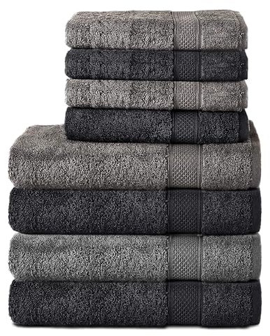 Komfortec 8er Handtuch Set aus 100% Baumwolle, 4 Badetücher 70x140 und 4 Handtücher 50x100 cm, Frottee, Weich, Towel, Groß, Anthrazit/Schwarz