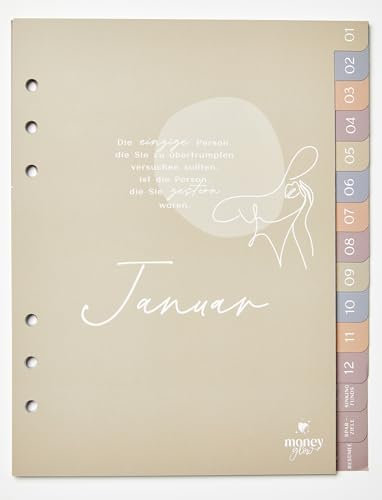 Moneyglow® Budgetplaner Register A5 deutsch I 15 Blätter I farbig gestaltet I Illustrationen I Jan-Dez, Sinking Funds, Sparziele, Resümee I 6-fach vorgelocht I für Standard A5-Binder geeignet