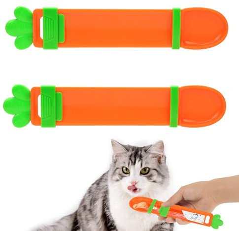 2stk Katzenfutter Spender, Süßer Leckerli-Löffel in Cartoon-Form für Kätzchen Katzenfutterstreifen in Karottenform Innovativer Katzenleckerli-Streifenlöffel für Hunde und Katzen (Orange)