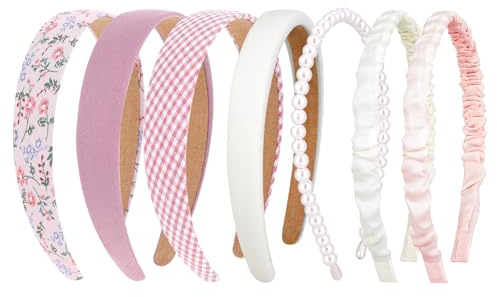 Giantree 7 Pcs Headbands for Women Girls Headbands Set, Non Slip Floral Headbands Padded Headbands, Cute Pearl Headband for Girls, Pink Vintage Wide Headband Bandana Hair Accessories for Women