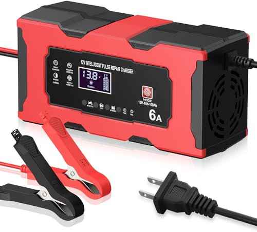 EYPINS 6A Autobatterie Ladegerät, 12V KFZ Batterieladegerät Smart Vollautomatisches Erhaltungsladegerät mit Temperaturkompensation, Pulsreparatur Ladegerät für Auto Motorrad Rasenmäher Boot Batterien