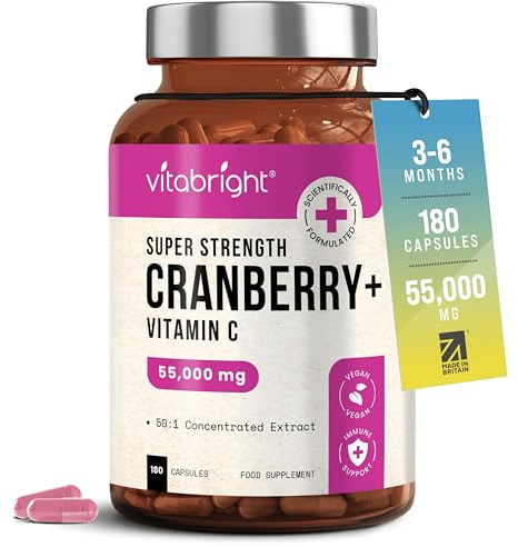 VitaBright Cranberry Tablets with Natural D-Mannose | 55,000mg | 180 Capsules | 3 Month Supply | Cranberry Supplements for Women with Vitamin C | No Added Sugar | High Strength Extract