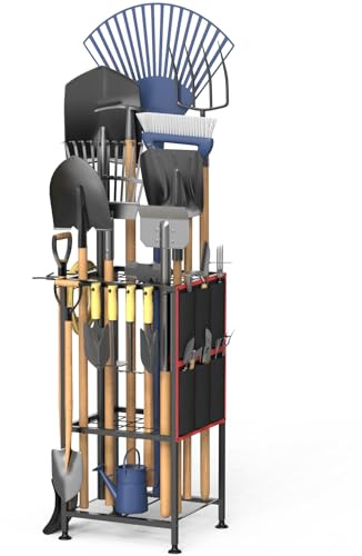 Lovind Garden Tool Organizer,Metal Yard Tool Organizer ,Holds 50 Long-Handled Tools/Rakes/Brooms,Side Garden Pocket ,Heavy Duty Steel Yard Tool Storage Rack for Garage,Shed, Outdoor