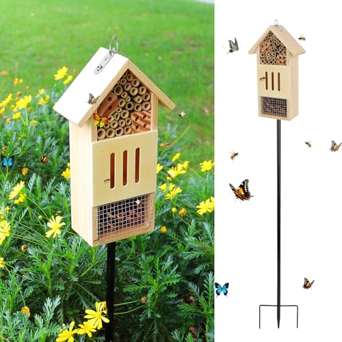 Wooden Insect House, Bee House with Metal Stake for Garden, Natural Ladbugs Habitat & Butterfly Hotel on The Ground or Hanging on Tree Wall (Pine, 4.13x2.56 x10.63, 32'' H Stake)