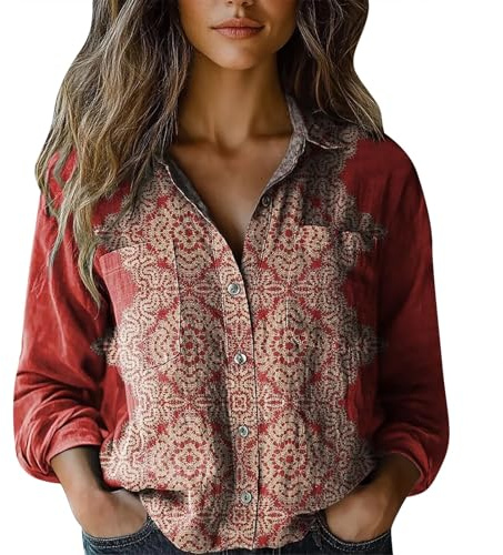 Generisch 70er Jahre Outfit Damen-Hippie Bluse Frauen Sommer Langarm V-Ausschnitt Vintage-Stil Boho Blumenhemd mit lockere Blumenmuster Tunika Damen-Oberteil Blusenshirt Ausgefallene Strandhemd