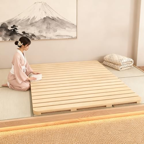 RAUMPA Japanese Floor Low Profile Platform Bed Frame Full Size, Knot-Free Wood Slatted Tatami Mattress Pallet Mat, Minimalist Zen Style to Ground No Legs Foldable Roll Portable