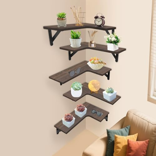 Armanyya Set di 5 mensole angolari da parete, mensole angolari, in legno paulownia, 10 kg, per soggiorno, cucina, 55 x 43 x 1,5 cm, marrone scuro