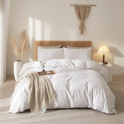 PEUJEW 100% French Linen Duvet Cover King Size, Breathable Soft Bedding Set 3 Pieces for All Season, Durable Luxury with Zipper Closure - Float White (1 Duvet Cover 2 Pillowcases)
