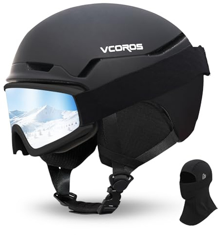 Casco da Sci con Occhiali da Sci Passamontagna Casco Sci per Uomo Donna con Cuscinetti Auricolari Rimovibili Ventilazione UV Ski Helmet per Ski (Nero Opaco+Occhiali da Sci + Passamontagna, M)