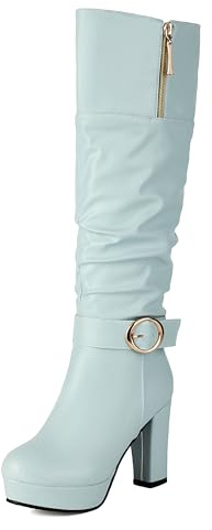 Lroey Reoly Donna Tacco Alto a Blocco Stivali Alti con Plateau Punta Rotonda Slouch Cx890 Blu Numero 48 EU