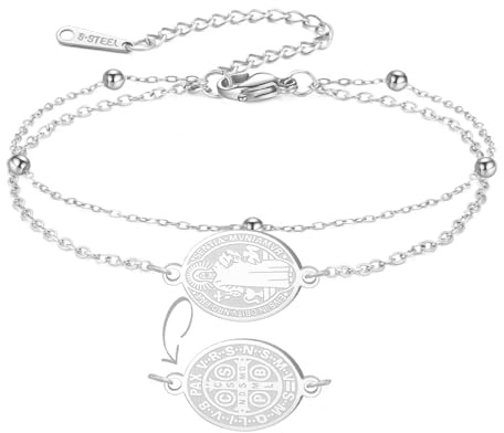 Bracelet médaille Saint Benoît Bracelet San Benito double face en corde rouge porte-bonheur fait main Croix Saint Patron Amulette Bijoux chrétiens catholiques Cadeau religieux (Argent superposé)