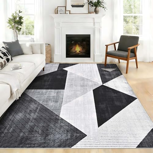 Alishomtll Vardagsrumsmatta halkfri mjuk kort lugg köksmatta modernt geometriskt mönster lättvårdad tvättbar matta löpare för sovrum barnrum entré svart grå 160 x 230 cm