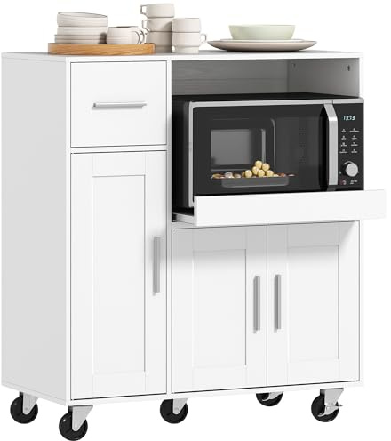 HOMCOM Rolling Kitchen Cart, Microwave Cabinet, Sliding Tray, Drawer, White | 3-Door Cupboards, Adjustable Shelf, Open Compartment, Kitchen Island, Dining Room