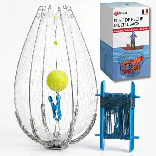 TAP JACK Nasse de Pêche Pliable 60 cm avec Corde 4,5 m et Support à Appât Intégré – Piège à Écrevisses, Crabes, Crevettes et Petits Poissons – Filet de Capture Robuste et Réutilisable