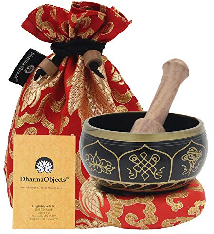 DharmaObjects ~ Tibetan OM MANI Singing Bowl Set ~ With Mallet, Brocade Cushion & Carry Bag ~ For Meditation, Chakra Healing, Prayer, Yoga (Eight Lucky Symbol, Black)
